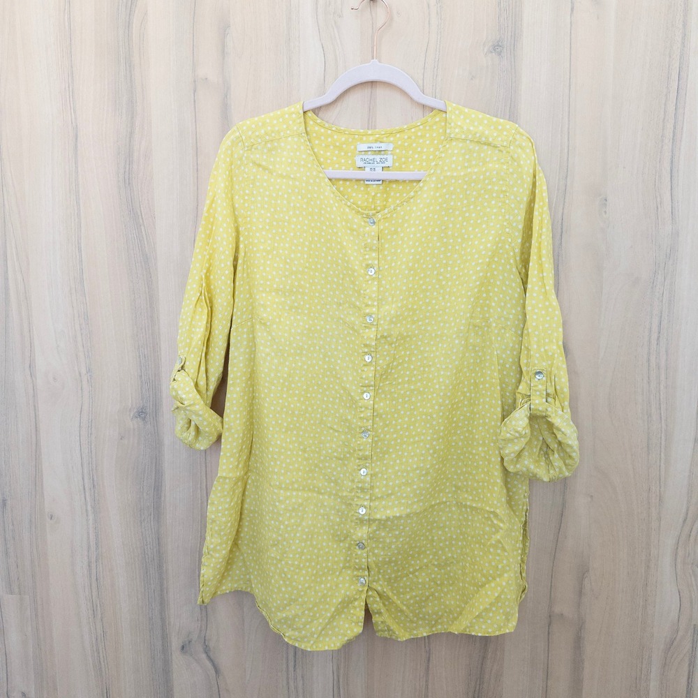 Rachel Zoe Linen Button Down Shirt 1X Yellow Polka Dot‎ Boho Cottage Coastal